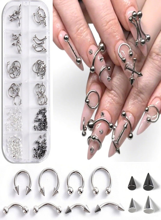 Furtherpretty Piercing Nail Charms Set, 3D Silver Alloy Goth Punk Nail Art Decorations, Triangle Spike Rivets & Metal Rings, Y2K Pierced Nail Charms for DIY Manicure & Salon Accessories - Image 1